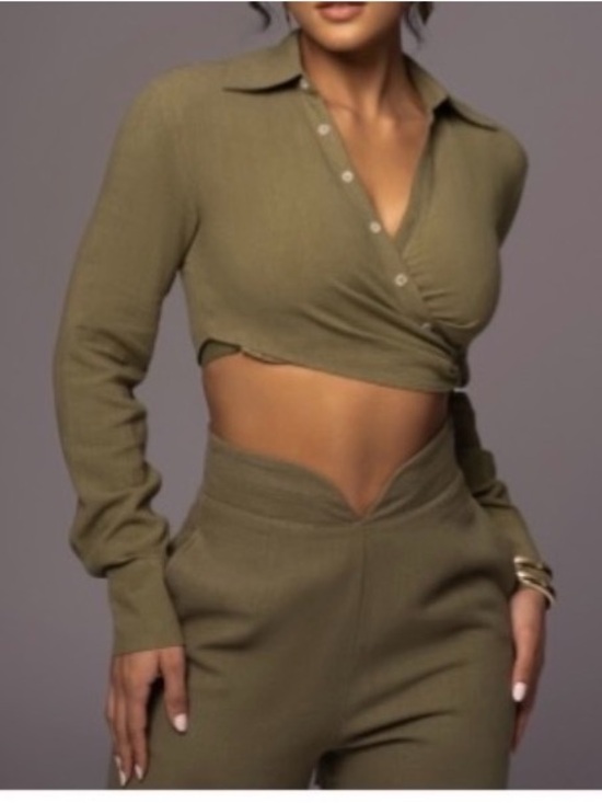 JLUXLABEL Tops - JLUX Label - Olive Tie-Front Cropped Button Shirt